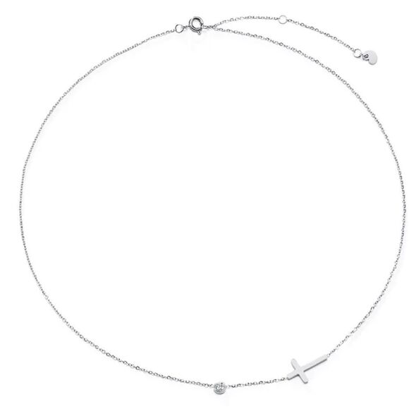 Silver Sideways Cross Necklace Cubic Zircon Charm - Picture 3 of 7